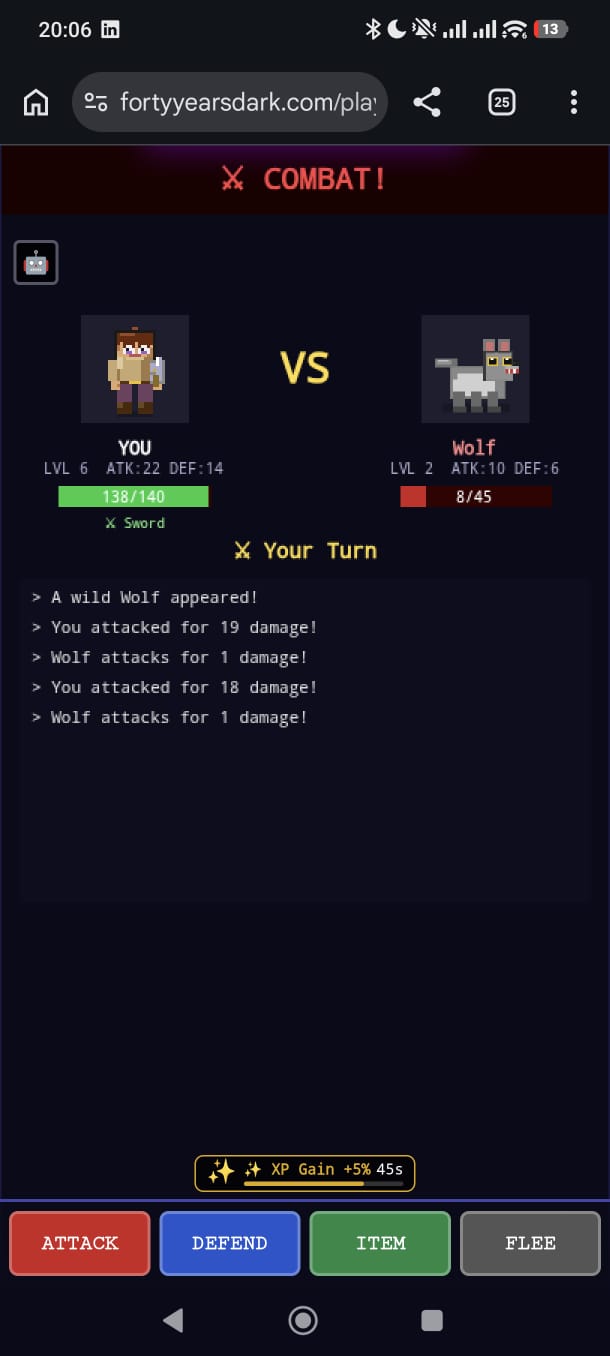 Pixel art RPG combat - Fighting a boss with attack, defend, item and flee options