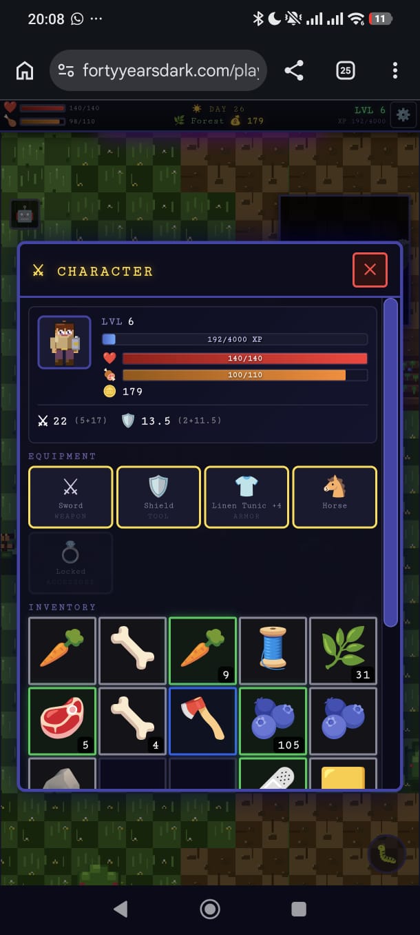 Character inventory screen - Equipment, stats, and gear management in a pixel art survival RPG
